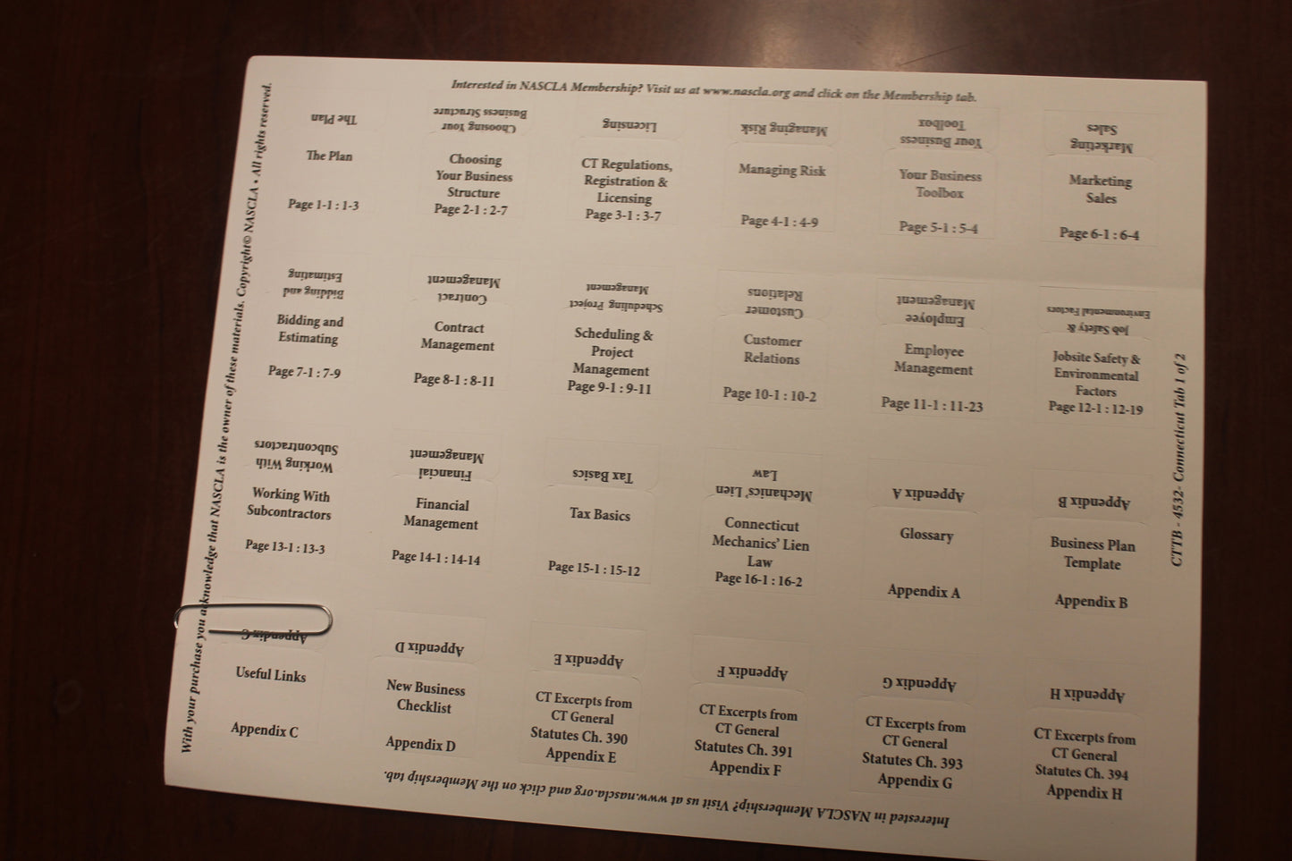 Index Tabs for NASCLA Contractors Guide to Business, Law and Project Management Connecticut, 6th Edition